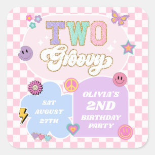 Two Groovy Preppy Patch 2nd Birthday Party Square Sticker