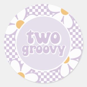 Two Groovy Purple Daisy Chequered Classic Round Sticker