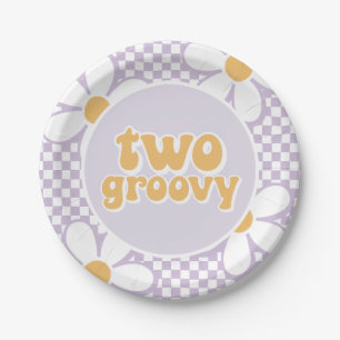 Two Groovy Purple Daisy Chequered Paper Plate