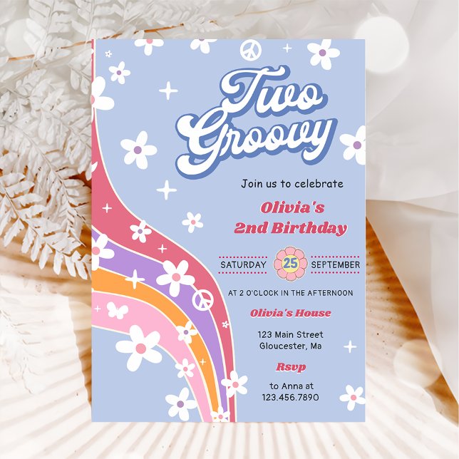Two Groovy Rainbow Floral 2nd Birthday Party  Invitation (Creator Uploaded)