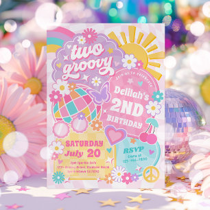 Two Groovy Rainbow Sunshine 2nd Birthday Party Invitation