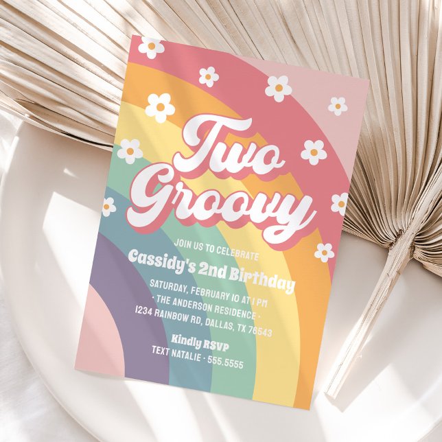 Two Groovy Retro 70s Rainbow Daisy 2nd Birthday Invitation (Creator Uploaded)