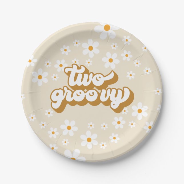 Two Groovy Retro Daisy 2nd Birthday Paper Plates (Front)