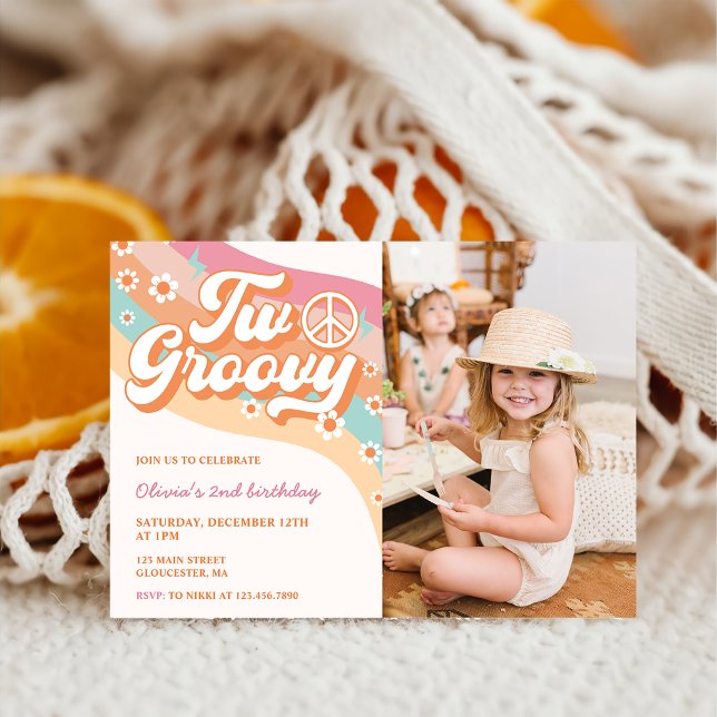 Two Groovy Retro Daisy 2nd Birthday Party Photo  Invitation (Creator Uploaded)