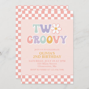 Two Groovy Retro Daisy and Chequered 2nd Birthday Invitation