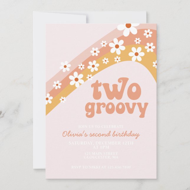 Two Groovy Retro daisy boho floral second birthday Invitation (Front)