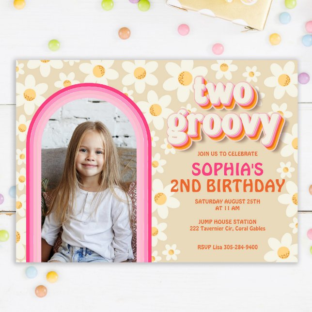 Two Groovy Retro Daisy Photo Birthday Invitation – (Creator Uploaded)