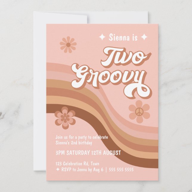 Two Groovy Retro Daisy Pink Girl Birthday  Invitation (Front)