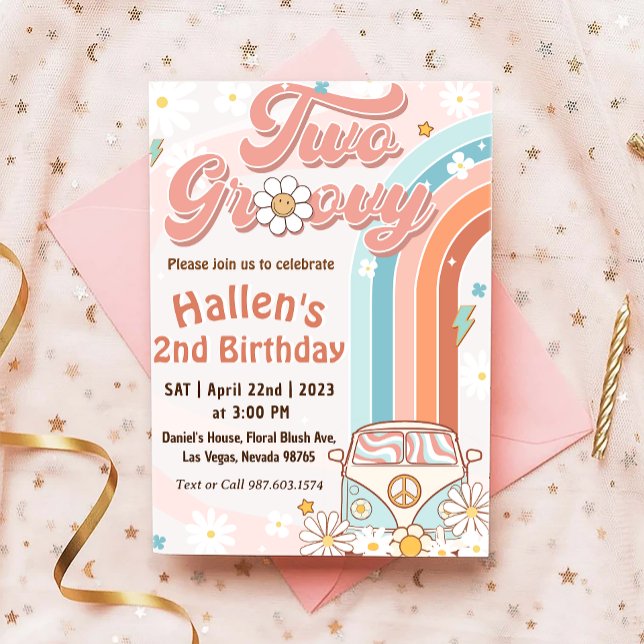 Two Groovy Retro Daisy Rainbow 2nd Birthday Invitation (Creator Uploaded)