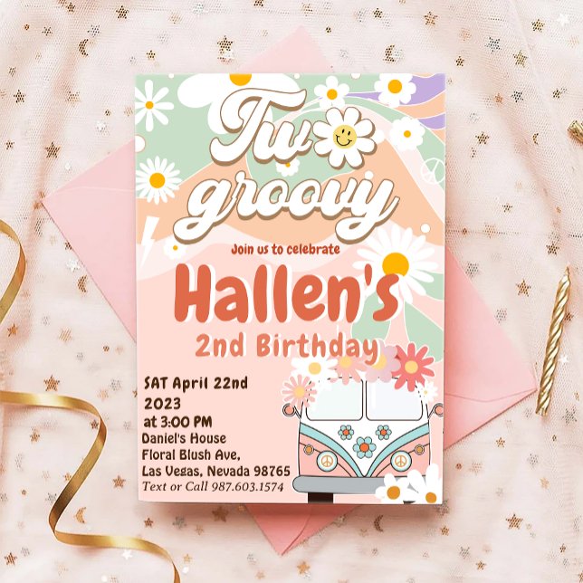 Two Groovy Retro Daisy Rainbow 2nd Birthday Invitation (Creator Uploaded)