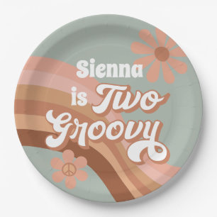 Two Groovy Retro Daisy Sage Pink 2nd Birthday Paper Plate