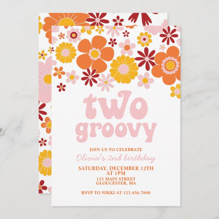 Two Groovy Retro Floral 2nd birthday Invitation Zazzle