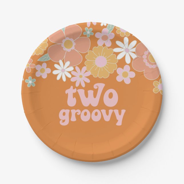 Two Groovy Retro Floral 2nd birthday Paper Plates (Front)