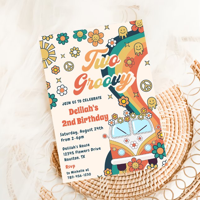 Two Groovy Retro Floral 2nd Birthday Party Invitat Invitation (Creator Uploaded)