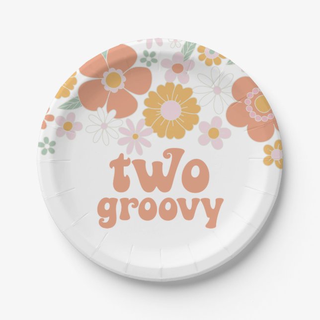 Two Groovy Retro Floral birthday Paper Plates (Front)