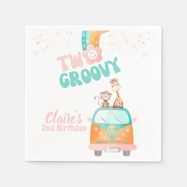 Two Groovy Retro Floral rainbow daisy birthday  Napkin (Front)