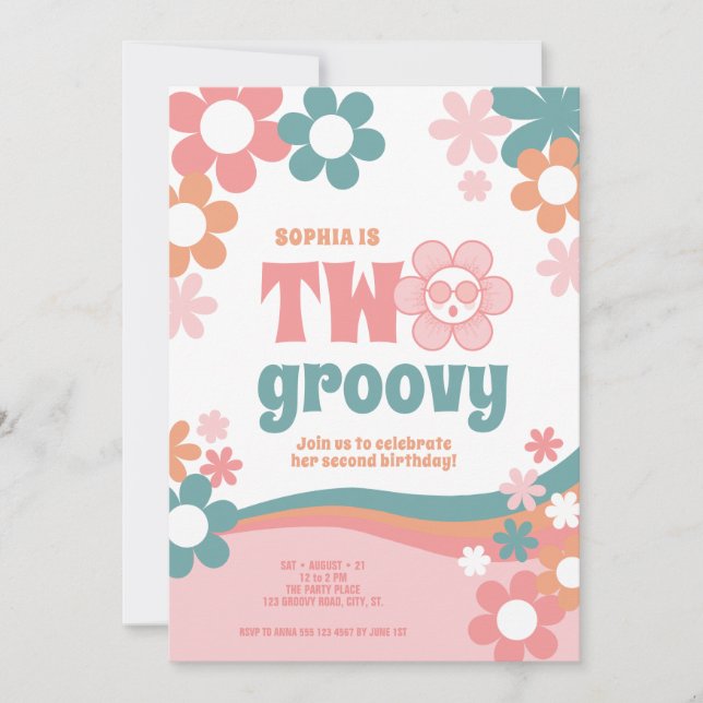 Two Groovy Retro Girl 2nd Birthday Invitation (Front)