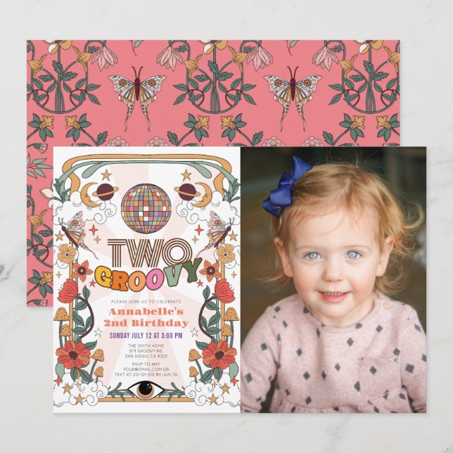 Two Groovy Retro Girl Photo 2nd Birthday Invitation (Front/Back)