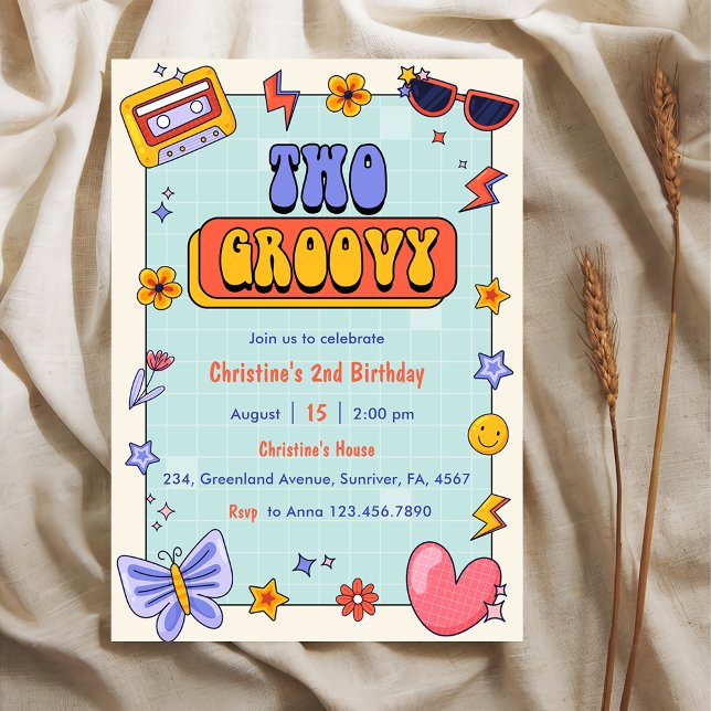 Two Groovy Retro Hippie  2nd Birthday Party  Invitation (Creator Uploaded)