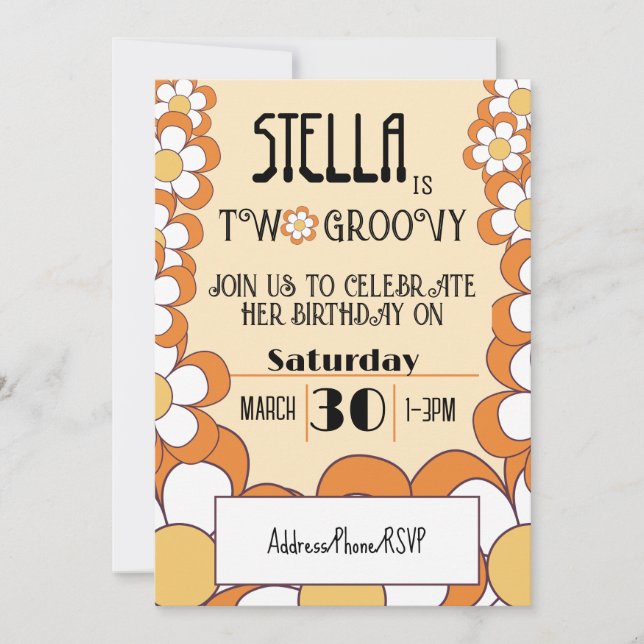 Two Groovy Retro Orange Flower Power 2nd Birthday Invitation (Front)