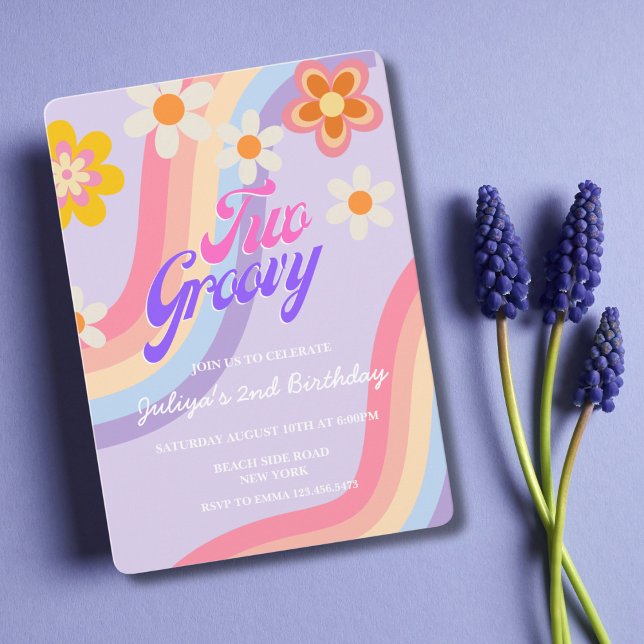 Two Groovy Retro Rainbow 2nd Birthday  Invitation (Creator Uploaded)