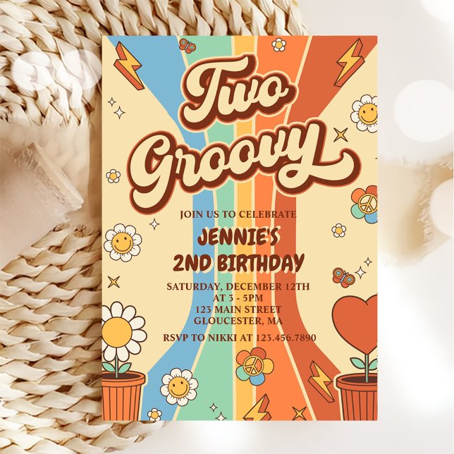 Two Groovy Retro Rainbow 2nd Birthday Party Invitation (Creator Uploaded)