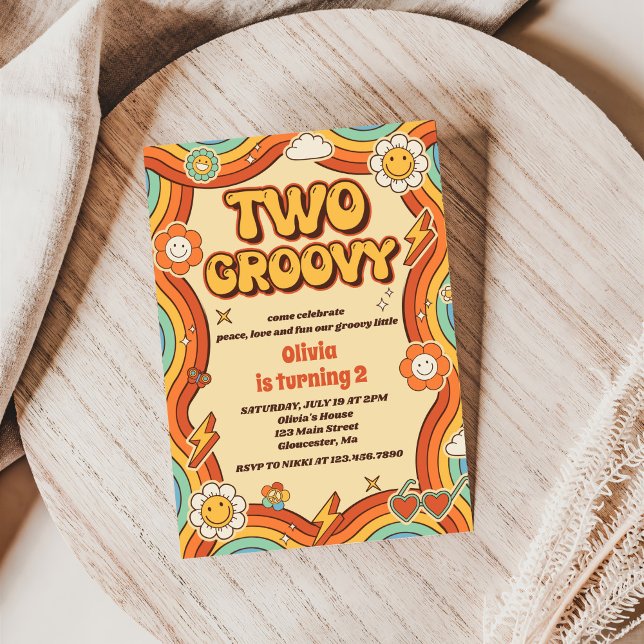 Two Groovy Retro Rainbow 2nd Birthday Party Invitation (Creator Uploaded)