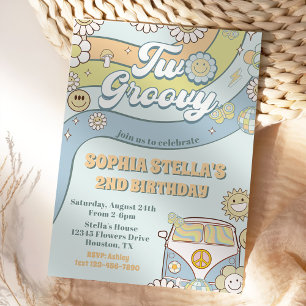 Two Groovy Retro Rainbow 2nd Birthday Party Invitation