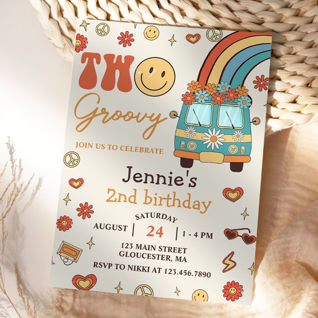Two Groovy Retro Rainbow 2nd Birthday Party Invitation (Creator Uploaded)
