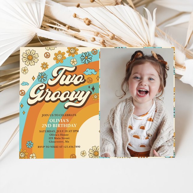 Two Groovy Retro Rainbow 2nd Birthday Party Photo Invitation (Creator Uploaded)