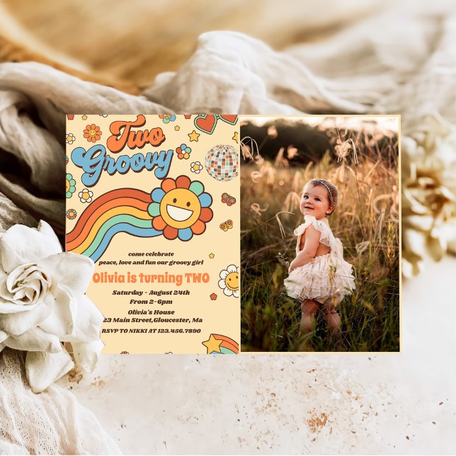 Two Groovy Retro Rainbow 2nd Birthday Party Photo Invitation (Creator Uploaded)