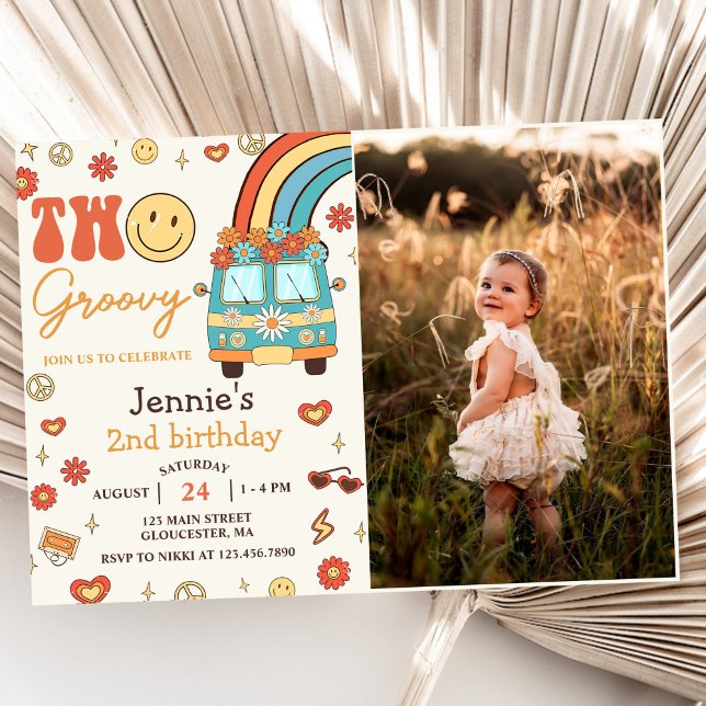 Two Groovy Retro Rainbow 2nd Birthday Party Photo Invitation (Creator Uploaded)