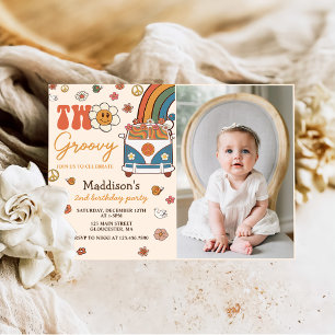 Two Groovy Retro Rainbow 2nd Birthday Party Photo Invitation