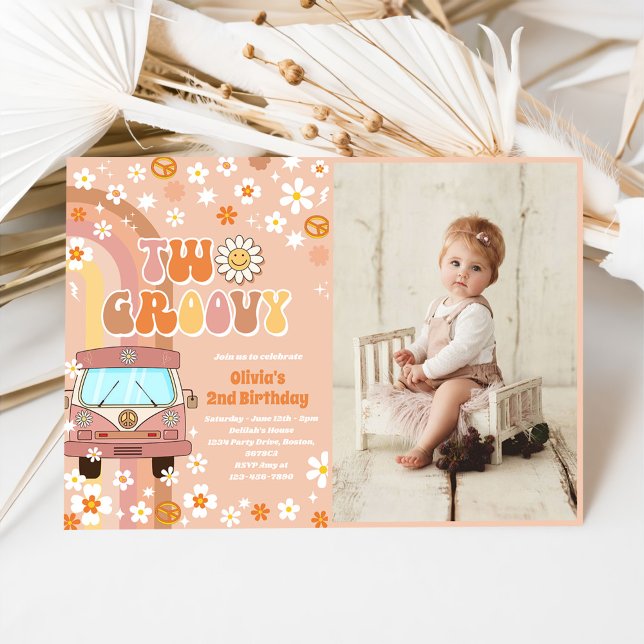  Two Groovy Retro Rainbow 2nd Birthday Photo Invitation (Creator Uploaded)