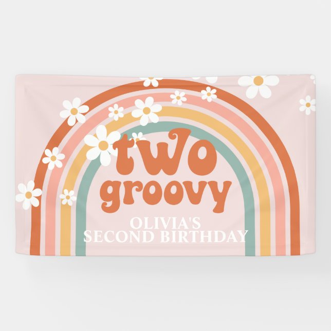 Two Groovy Retro Rainbow Daisy Birthday Banner (Horizontal)