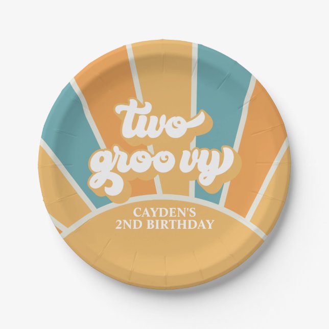 Two Groovy Retro Sunshine Boy 2nd Birthday Paper Plate (Front)