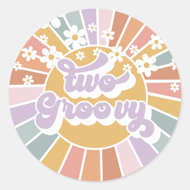 Two Groovy Retro Sunshine Rainbow Daisy Classic Ro Classic Round Sticker (Front)
