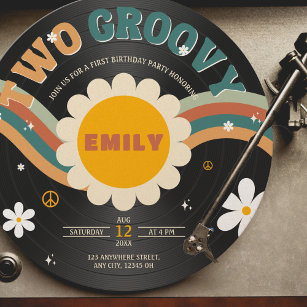 Two Groovy Retro Vinyl Record Girl's 2nd Birthday Invitation