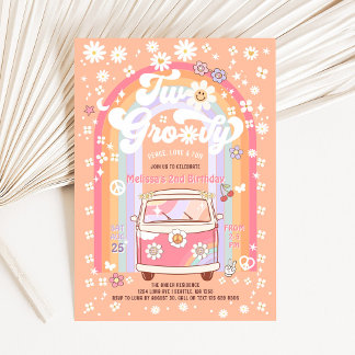 TWO Groovy Van Daisy Hippie 70s 2nd Birthday Invitation