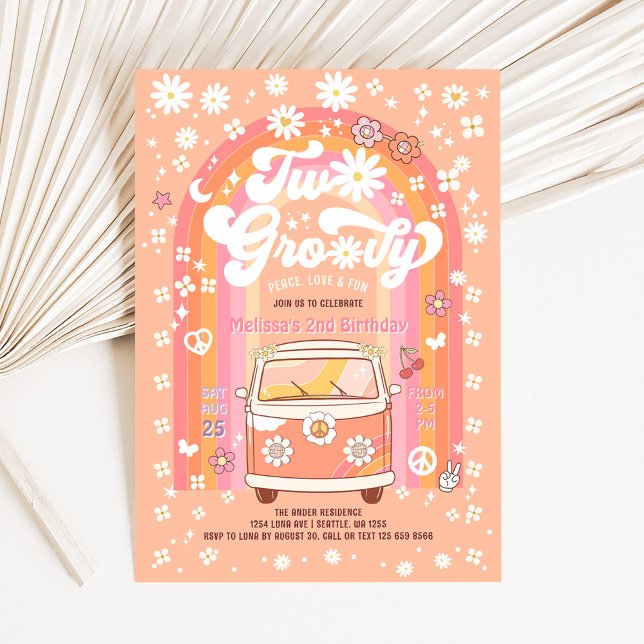 TWO Groovy Van Daisy Hippie 70s 2nd Birthday Invitation (Creator Uploaded)