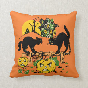 Two Halloween Black Cats and Haunted House Throw Pillow