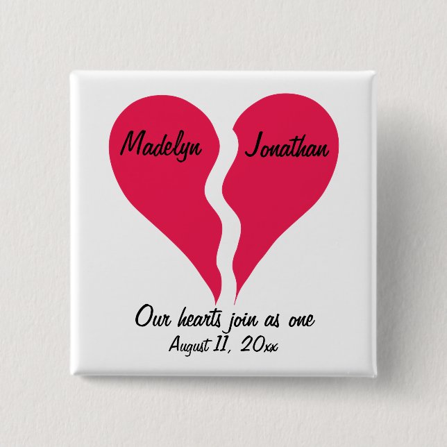 Two Halves Hearts Join as One Name Personalized 2 Inch Square Button (Front)