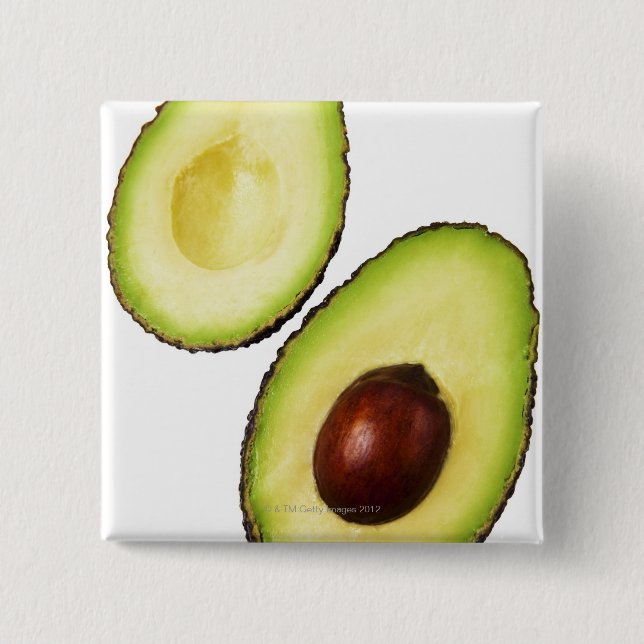 Two halves of an an avocado, on white 2 inch square button (Front)