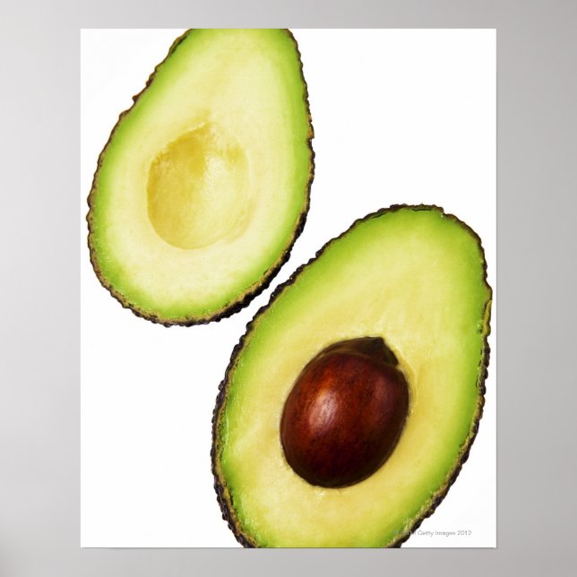 Two halves of an an avocado, on white poster (Front)