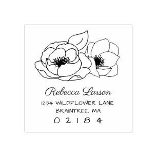 Two Hand Drawn Anemone Flowers Return Address Rubber Stamp