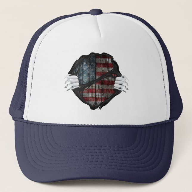 Two Hands Ripping Revealing Flag Customized Trucker Hat (Front)