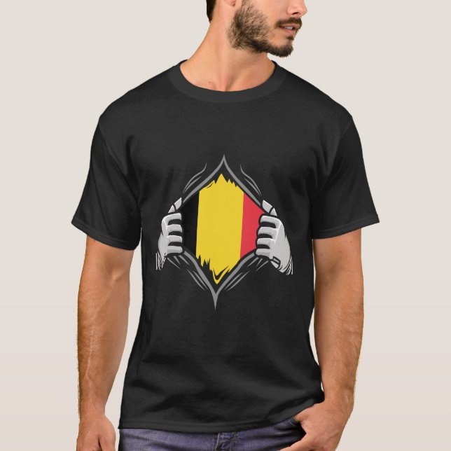 Two Hands Ripping Revealing Flag of Belgium T-Shirt (Front)