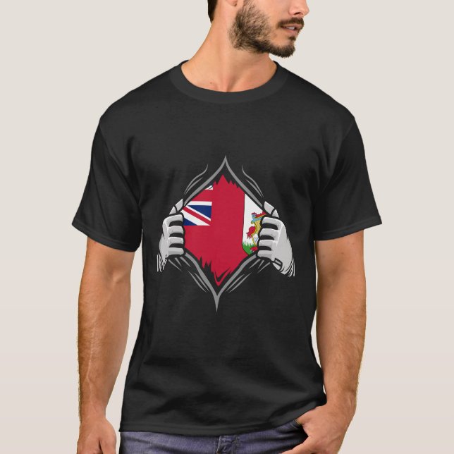 Two Hands Ripping Revealing Flag of Bermuda  T-Shirt (Front)