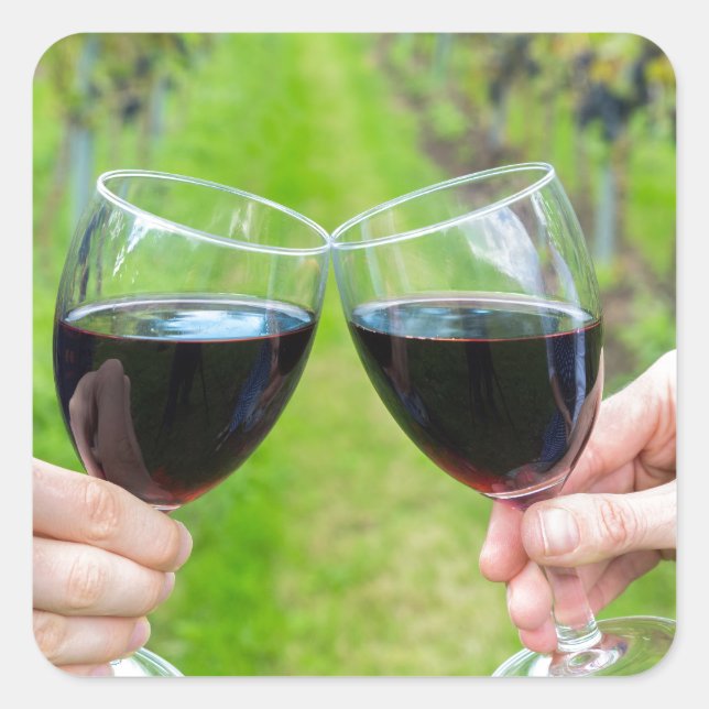 Two hands toasting with wine glasses in vineyard square sticker (Front)