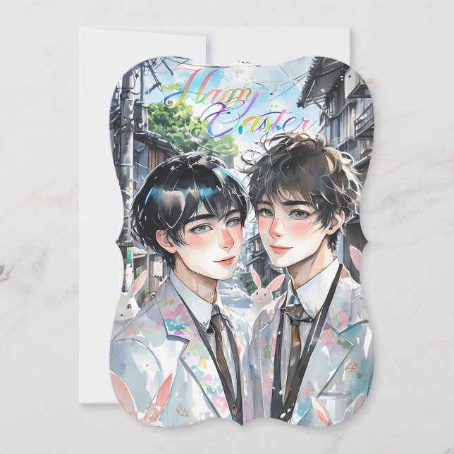 Two Handsome Men with Bunnies Anime Easter Card (Front)